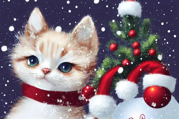 cat in the winter forest christmas background