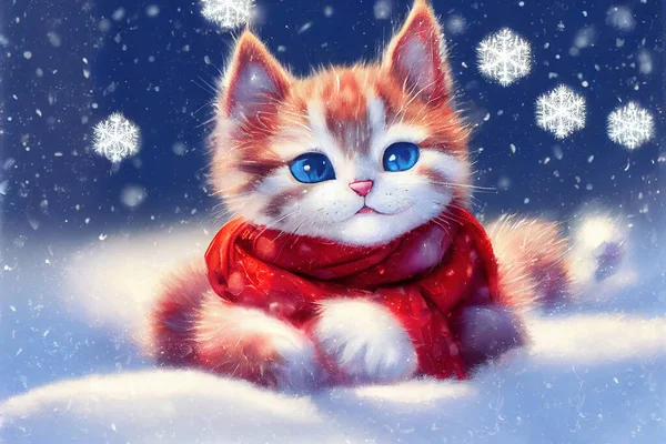 cat in the winter forest christmas background