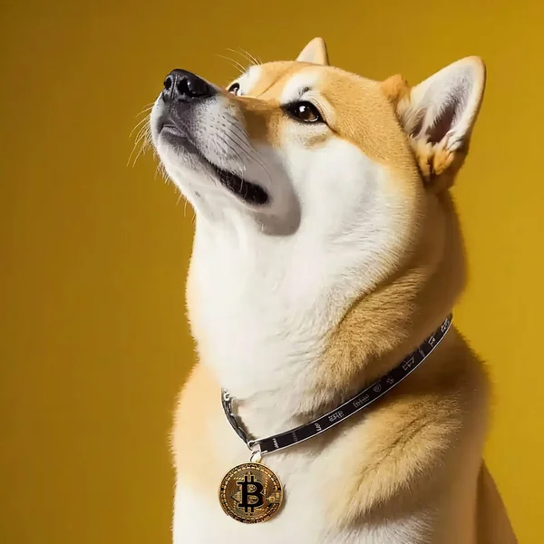 Shiba Inu dog wearing a collar with a Bitcoin coin hanging from the collar, Cryptocurrency financial market concept , Generative IA. High quality photo