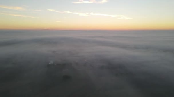 Fog Sunrise Village Plain Timelapse Aerial View Sun Breaks Fog — Stok Video