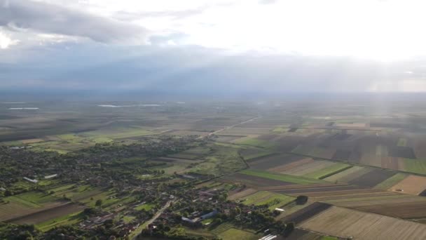 Aerial View Change Sun Clouds Village Plain Sun Rays Streak — Vídeos de Stock