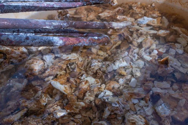 boiler cleaning. rusty heater, coated with scale. heater surrounded by scale and water from the boiler. a close-up photo of scale and a rusty boiler heater