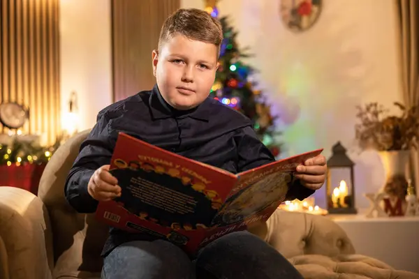 Bir çocuk, arkasında bir Noel ağacı parlayan şenlikli bir ortamda kitap okur. Bayram atmosferi sıcak ve davetkar, konsantrasyon ve neşeyi vurguluyor..