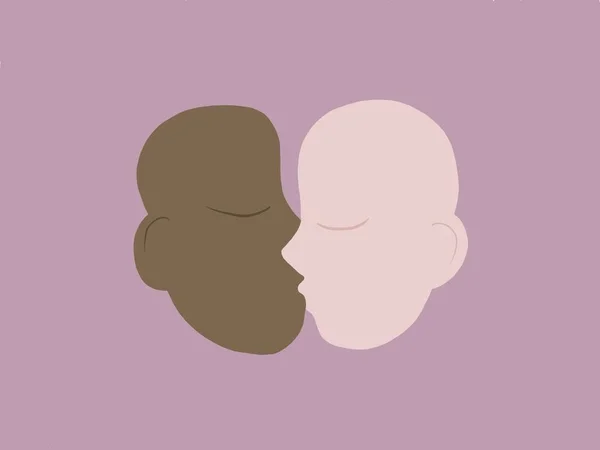 Horizontal Illustration Two Bald People African European Ethnicity Kissing Eyes — Stock Photo, Image