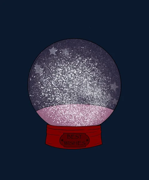 vertical illustration. festive Christmas purple Snow Globe with a red base with snowflakes inside on a blue background. the concept of holidays, magic and coziness