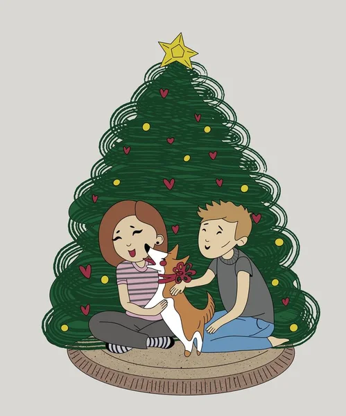 dikey illüstrasyon. Genç ve sevimli bir çift boynunda kırmızı bir fiyonkla Corgi köpeğiyle yeni yılda rahat bir halının üzerinde, evdeki Noel ağacının yanında birlikte oturuyorlar. Adam kıza uzun zamandır beklenen bir şey verdi ve...