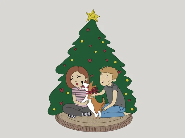 yatay çizim. Çizgi film komedyenleri, boynunda kırmızı kurdele olan şirin Corgi köpekleri ile evde Noel ağacının yanında ışık arka planında oturuyorlar. Adam kıza uzun zamandır beklenen ve arzu edilen bir köpek verdi.