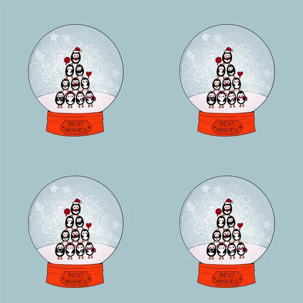 christmas illustration, seamless pattern, four snow globes. Christmas tree made of cute Christmas penguins inside a snow globe with snowflakes on a blue background. snow globe with the words \
