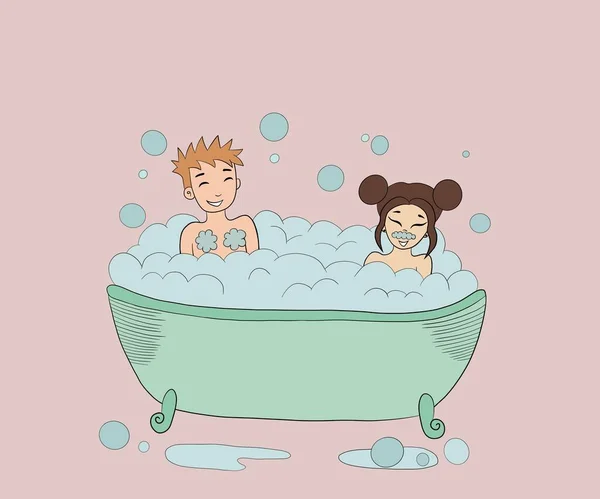 horizontal cute illustration, cheerful guy with a girl sit in a turquoise bath with foam and bubbles, laugh, they are happy and enjoy bathing together, light background, the concept of hygiene and spending time together