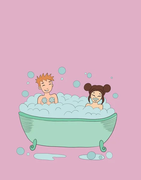 vertical cute illustration, a cheerful young couple is sitting in a bath with foam and bubbles, they are laughing, they are happy and enjoy bathing together, pink background, the concept of hygiene and spending time together