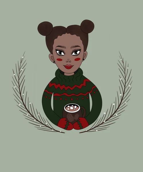 dikey illüstrasyon. Afrika 'nın güzel Noel kızı yeşil bir Noel süveteri içinde ve eldivenler gülümsüyor ve yeşil bir arka planda marşmelovla kakao tutuyor.