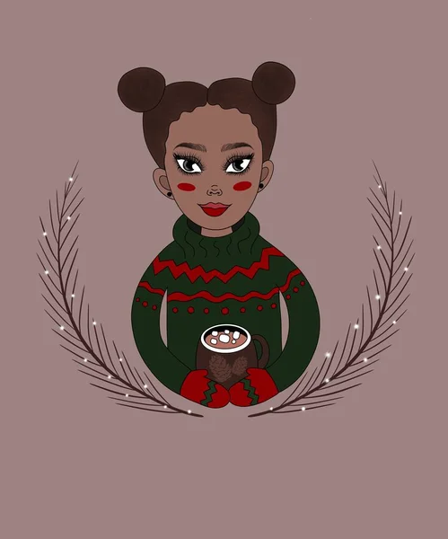dikey illüstrasyon. Yeşil Noel süveteri içinde Afrikalı tatlı bir kız ve eldivenler gülümsüyor ve bej arka planda marşmelovlu kakao tutuyor.