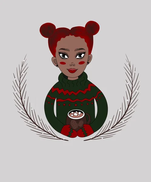 dikey illüstrasyon. Sıcak yeşil kazaklı, kızıl saçlı, Afrika kökenli tatlı bir Noel kızı, gülümsüyor ve elinde gri bir arka planda marshmallowlu lezzetli bir kakao tutuyor.