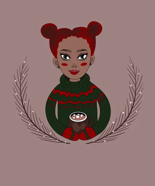 vertical illustration. Christmas girl of African nationality with red hair in a warm green sweater, smiles and holds a delicious cocoa with marshmallows on a beige background