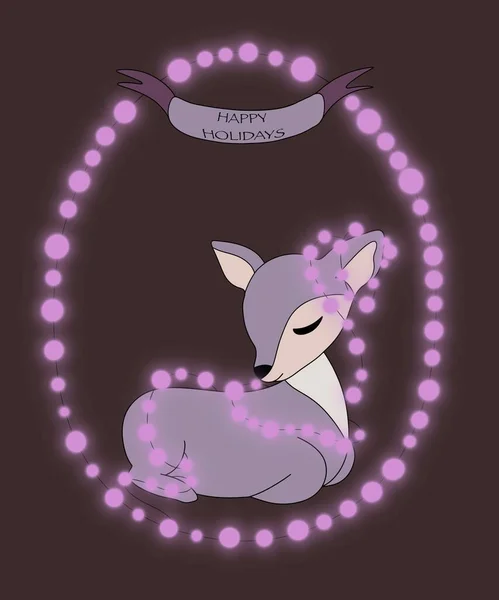 vertical illustration. purple Cute baby Fawn decorated with a pink Christmas garland on a brown background. from above the inscription on the ribbon 