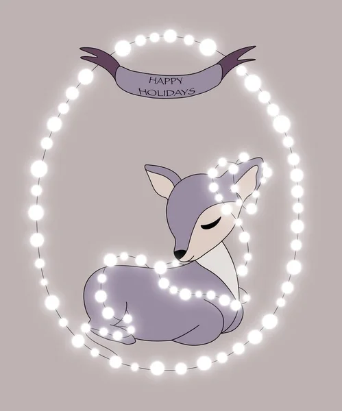 vertical illustration. purple tender little Fawn sits, decorated with a white Christmas garland on a beige background. from above the inscription on the ribbon \