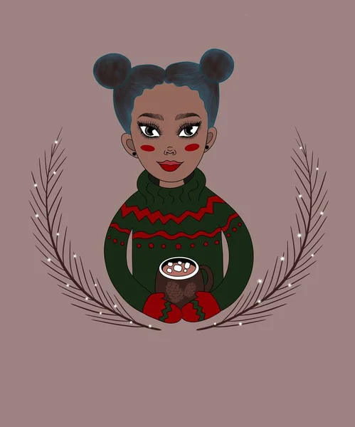 Noel illüstrasyonu, kartpostal. Güzel, sıcacık giyimli, şirin mavi saçlı Afrikalı kız şekerli kakao tutuyor ve açık kahverengi arka planda Noel 'i bekliyor.