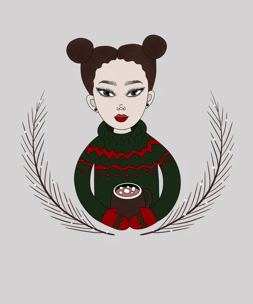 Ilustracja Świąteczna Urocza Azjatka Uroczą Fryzurą Zielonoczerwonym Swetrze Rękawiczkach Posiada — Zdjęcie stockowe