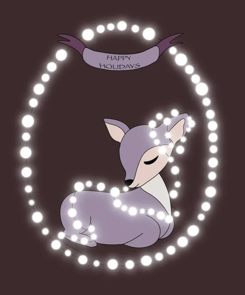 vertical illustration. sitting purple Cute baby Fawn decorated with a white Christmas garland on a brown background. from above the inscription on the ribbon \