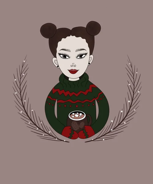 Ilustração Natal Cartão Postal Uma Menina Asiática Encantadora Com Penteado — Fotografia de Stock