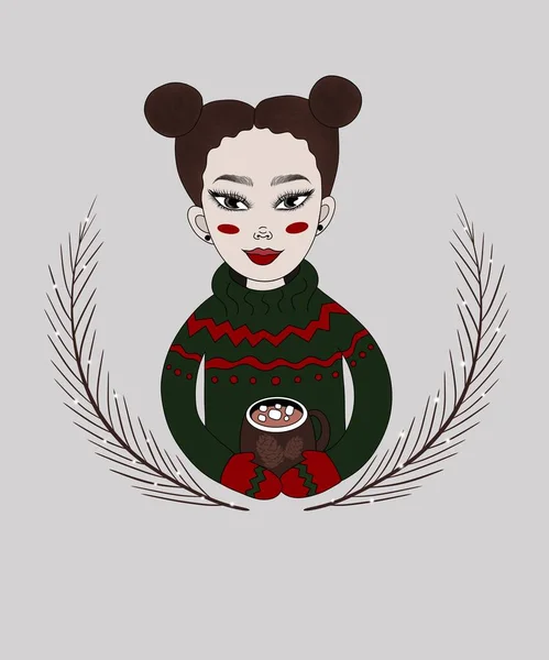 Christmas Illustration Postcard Beautiful Asian Girl Red Cheeks Cute Hairstyle — Stock Photo, Image