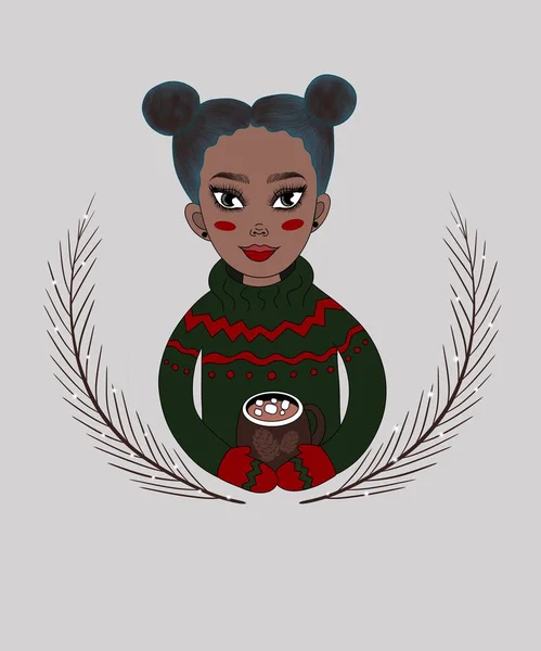 Noel illüstrasyonu, kartpostal. Süveter içinde şirin mavi saç stili olan güzel Afrikalı kız şekerli kakao tutuyor ve gri bir arka planda Noel 'i bekliyor.