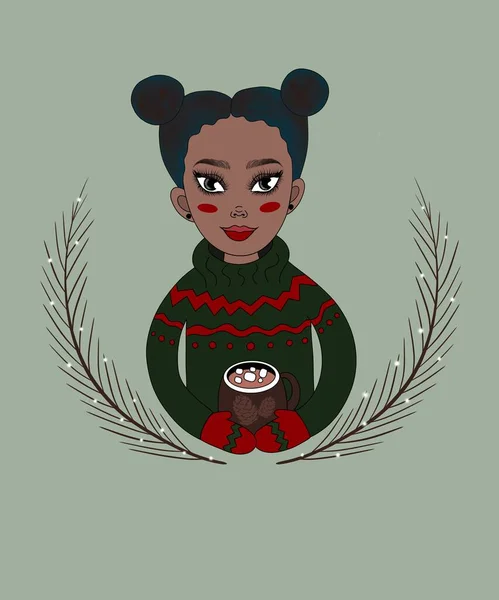 Noel illüstrasyonu, kartpostal. Güzel, sıcacık giyimli, şirin mavi saçlı Afrikalı kız şekerli kakao tutuyor ve açık yeşil bir arka planda Noel 'i bekliyor.