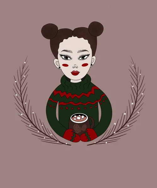Kerst Illustratie Ansichtkaart Een Schattig Aziatisch Meisje Met Rode Wangen — Stockfoto