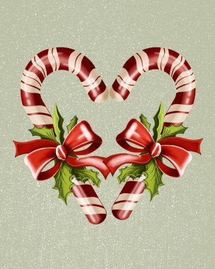 dikey illüstrasyon. Açık yeşil arka planda iki sevimli kalp şeklinde Noel şekerleri. Yılbaşı kartı. Tatiller, Noel, yeni yıl ve sevgililer günü konsepti