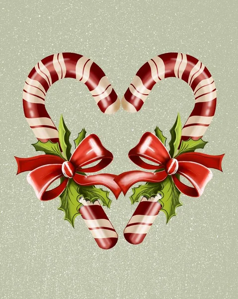 vertical illustration. two cute heart shaped Christmas candy canes on a light green background. holiday christmas card. holidays, christmas, new year and valentine\'s day concept