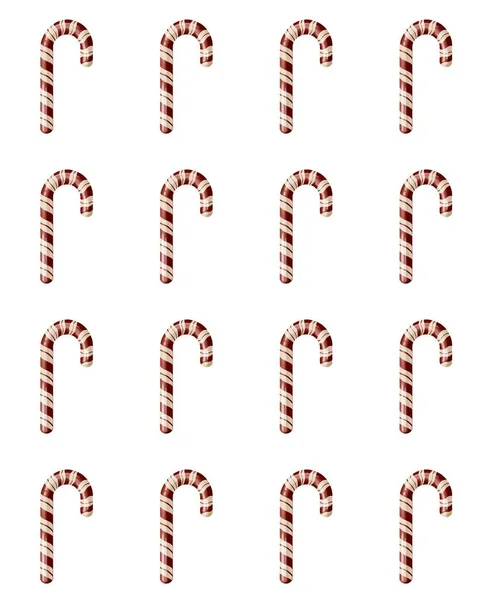 垂直插图 圣诞装饰品的甘蔗红色和白色条纹白色背景 收集美味的焦糖手杖 寒假食品 新年快乐 圣诞快乐 寒假概念 — 图库照片