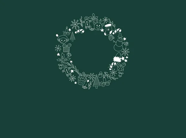 horizontal illustration. abstract cute wreath of christmas attributes and symbols on green background. holiday concept, merry christmas, happy new year