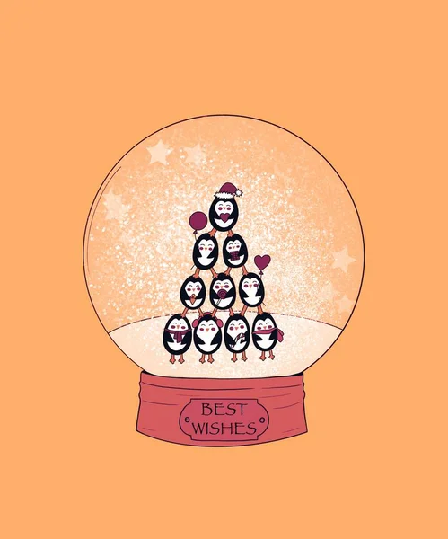 Ünnepi Függőleges Illusztráció Vicces Karácsonyfa Készült Aranyos Karácsonyi Pingvinek Üveg — Stock Fotó