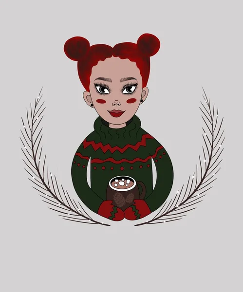 Ilustracja Pionowa Ładna Dziewczyna Czerwonymi Włosami Czerwonymi Policzkami Europejskim Wyglądzie — Zdjęcie stockowe