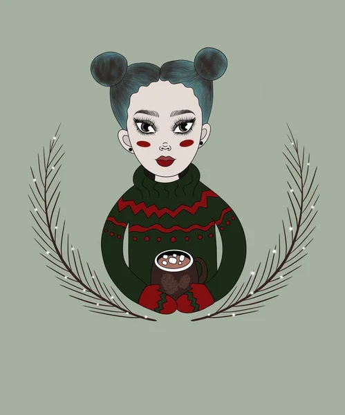 스웨터를 소녀의 크리스마스 삽화에는 맛있는 코코아가 배경에서 크리스마스를 기다리고 그곳에는 — 스톡 사진