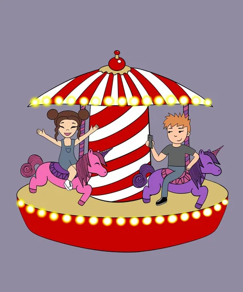 Vertical Illustration Happy Young Couple Ride Colorful Carousel Funny Unicorns — Stock Photo, Image