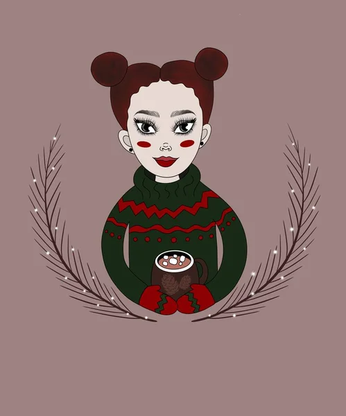 Ilustracja Pionowa Boże Narodzenie Blada Dziewczyna Czerwonymi Włosami Europejskim Wyglądzie — Zdjęcie stockowe