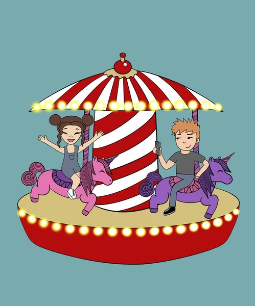 Vertical Illustration Cute Young Couple Ride Colorful Carousel Funny Unicorns — Stock Photo, Image