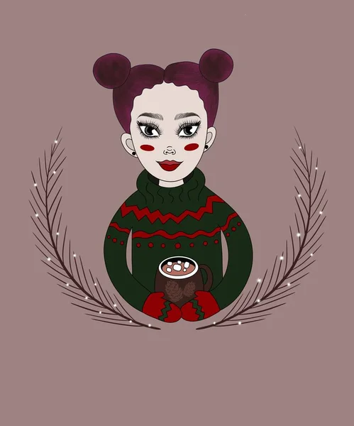 Ilustraţie Verticală Crăciun Fată Palidă Păr Roz Obraji Roșii Aspect — Fotografie, imagine de stoc