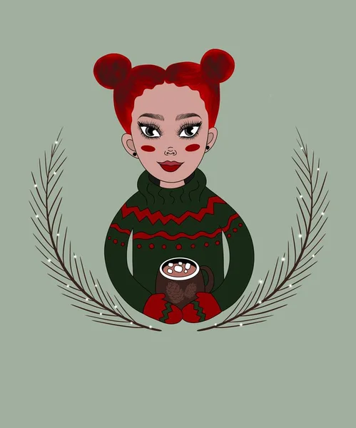 Ilustracja Pionowa Cute Swarthy Dziewczyna Czerwonymi Włosami Czerwonymi Policzkami Wyglądzie — Zdjęcie stockowe