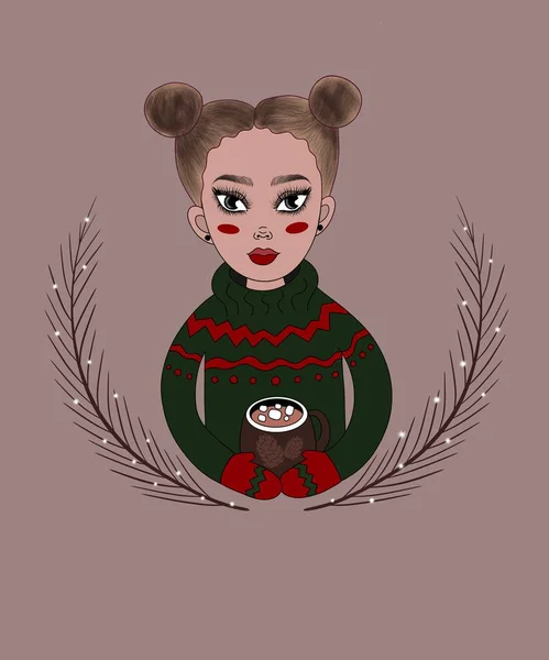 縦のイラスト クリスマス暖かいセーターでかわいい髪型でヨーロッパの外観のブロンドの髪を持つクリスマス女の子は ライトブラウンの背景にココアを保持しています — ストック写真