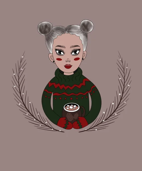 크리스마스 스웨터를 출신의 소녀가 배경에 코코아를 — 스톡 사진