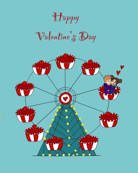 vertical illustration. an unforgettable date, a cute young couple on a colorful ferris wheel, the guy hugs and kisses the girl on the cheek, the girl laughs. blue background, red inscription \