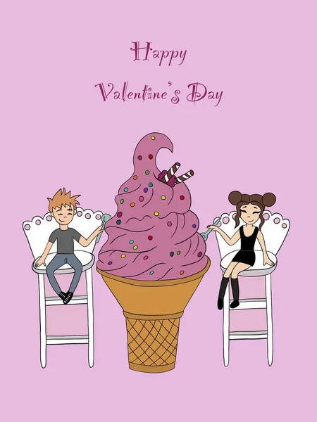 vertical illustration. cute cartoon guy and girl are sitting on high chairs and enjoying a big decorated appetizing ice cream in a waffle cup on a pink background. from above the inscription \