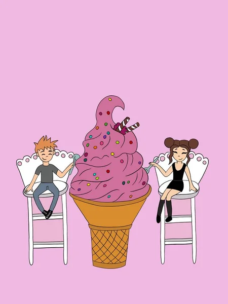 vertical illustration. cute cartoon couple sit on high chairs and spoons eat big decorated appetizing ice cream in waffle cup on pink background. romance, happy valentine\'s day