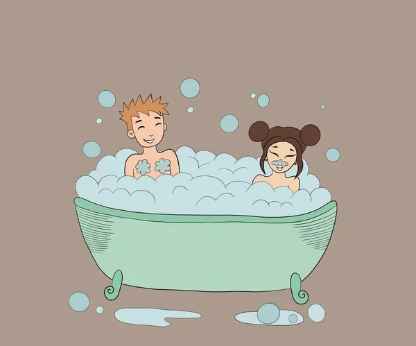 horizontal illustration. cute cartoon boy and girl bathe in a bathtub with soap bubbles, indulge and laugh on a beige background. hygiene and cleanliness concept