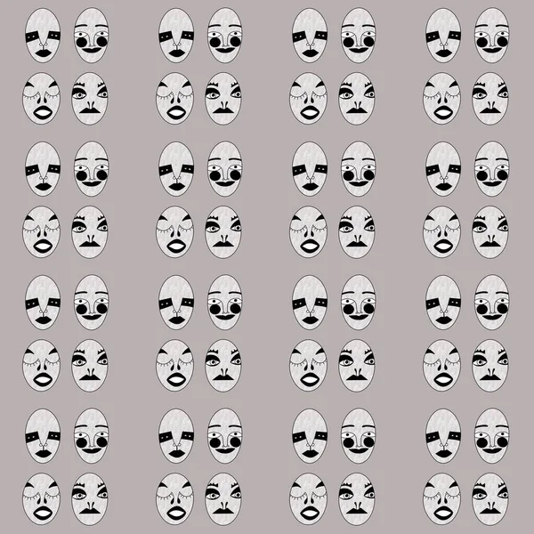 square illustration, seamless pattern. collection of ugly strange masks with different facial expressions and emotions in a row on a beige background. modern unusual abstract portrait