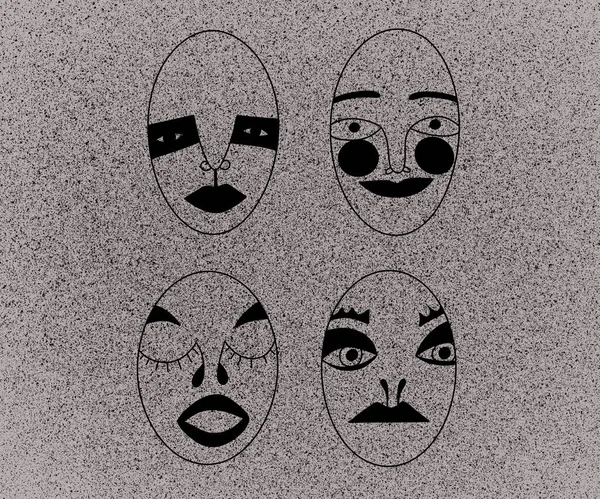 horizontal illustration. surreal weird heads with different facial expressions and emotions on a gray background in noise. unusual abstract portrait