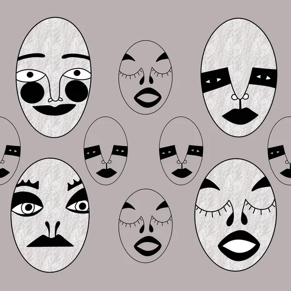 Vierkante Illustratie Naadloos Patroon Verschillende Vreemde Lelijke Maskers Met Verschillende — Stockfoto