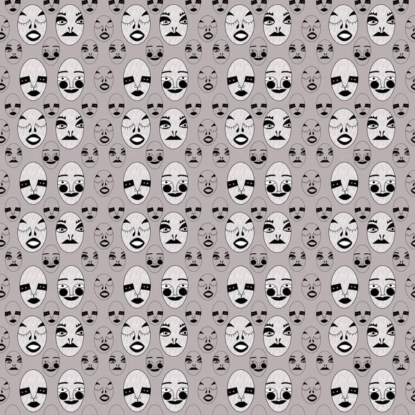 square illustration, seamless pattern. a large number of strange hand-drawn heads with different facial expressions and emotions in a row on a beige background. modern unusual abstract portrait